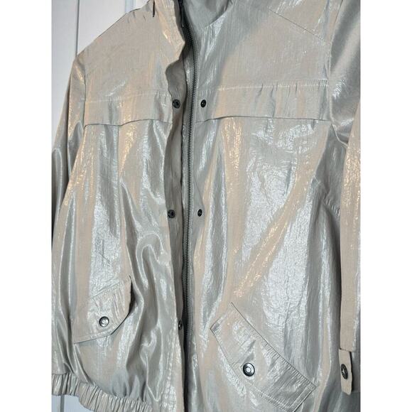 Chico's Metallic Shimmer Utility Jacket Womens Sz 2 (L) Champagne Hooded Hidden - Picture 3 of 15